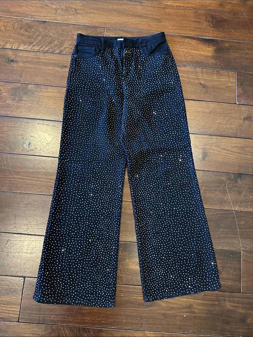 Good American Good Ease Black Wide-Leg Jeans with Crystal Embelishment